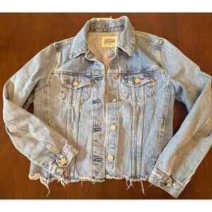 Zara TRF Distressed Denim Jean Jacket  with Frayed Hem